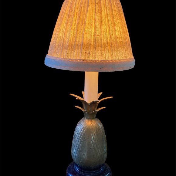 Andrea by Sadek Brass Mini Wood Base Pineapple Lamp with Shade 11.5 in - Picture 2 of 13